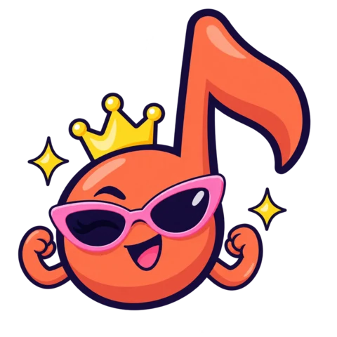 The Tone Diva mascot, a music note in sunglasses and a crown, flexing